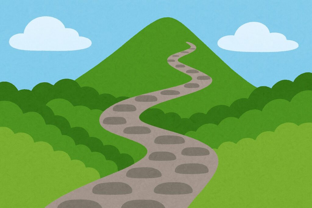 伏見稲荷大社「お山めぐり」の山道をイメージしたポップなイラスト。緑の山に石畳の道が続いている