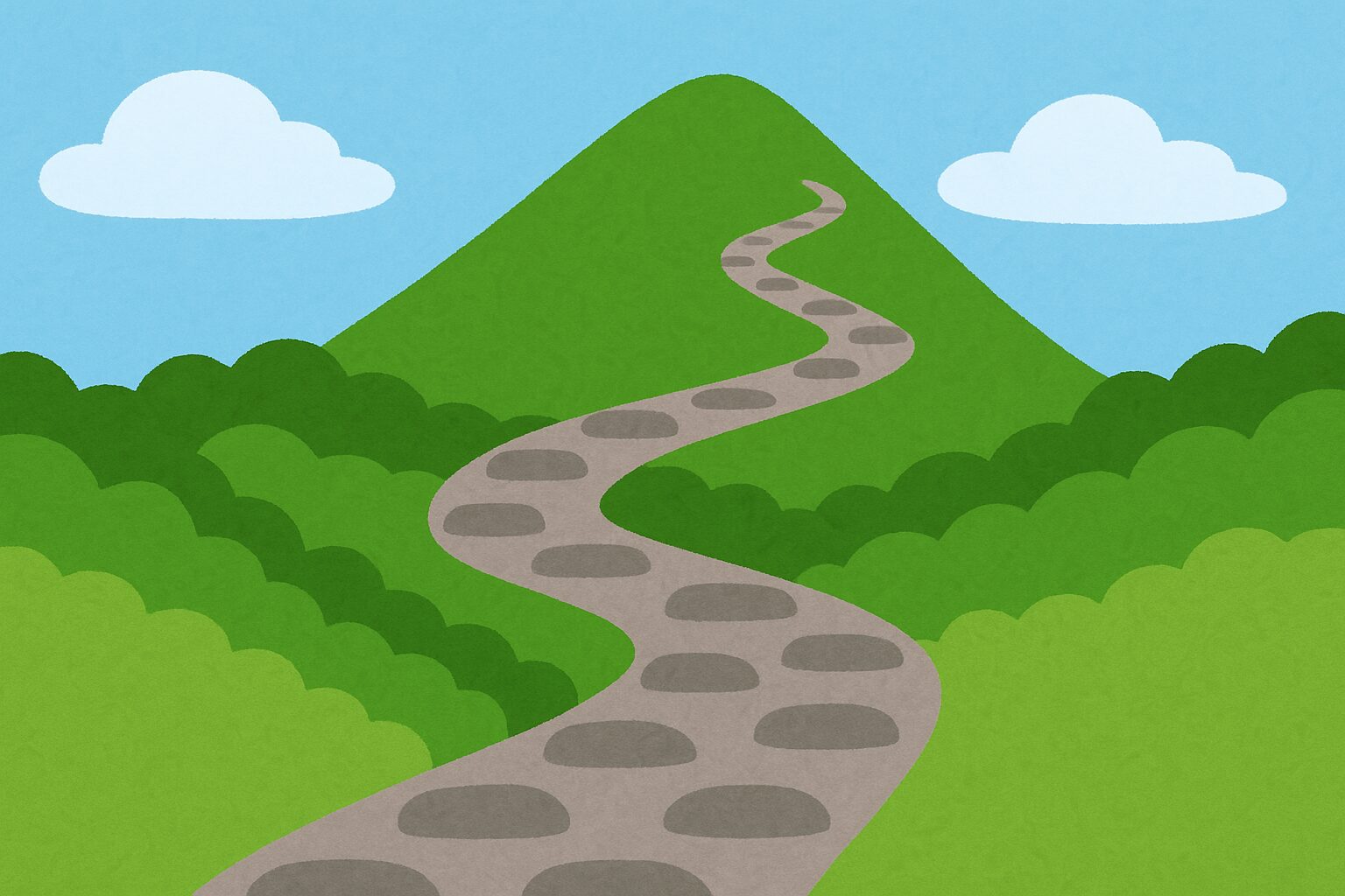 伏見稲荷大社「お山めぐり」の山道をイメージしたポップなイラスト。緑の山に石畳の道が続いている