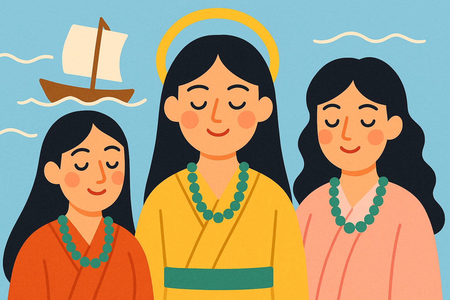 宗像三女神(市杵島姫命、田心姫命、湍津姫命)が笑顔で並ぶイラスト。海と船を背景に、カラフルな着物姿で穏やかな表情を浮かべている。
