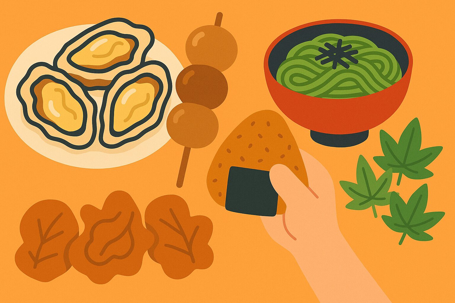 宮島の名物グルメを描いたイラスト。牡蠣、もみじ饅頭、団子、抹茶そば、おにぎりがカラフルに並び、旅の楽しさを伝えている。