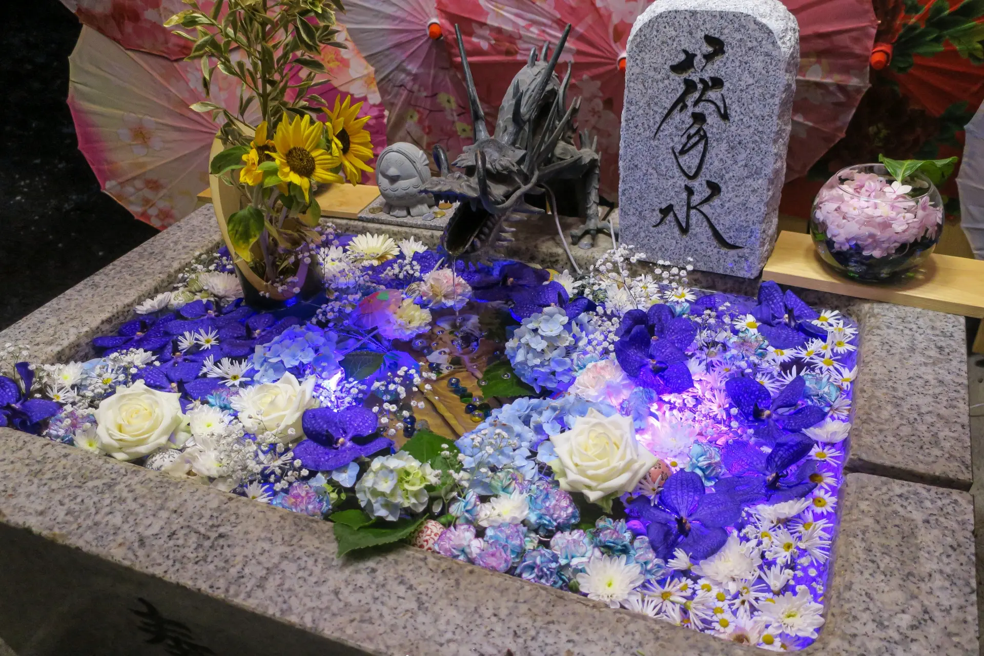 紫陽花や白バラが彩る幻想的な花手水と龍の口、札幌諏訪神社の美しい手水舎