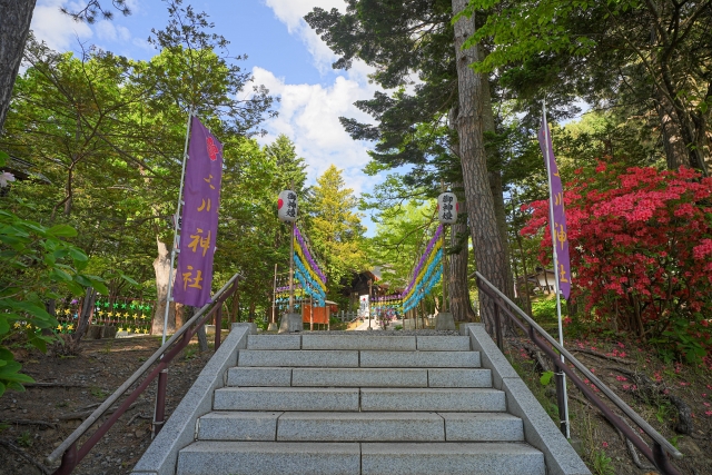 上川神社の参道|北海道旭川市、緑豊かな杜に囲まれた神社の石段とのぼり旗