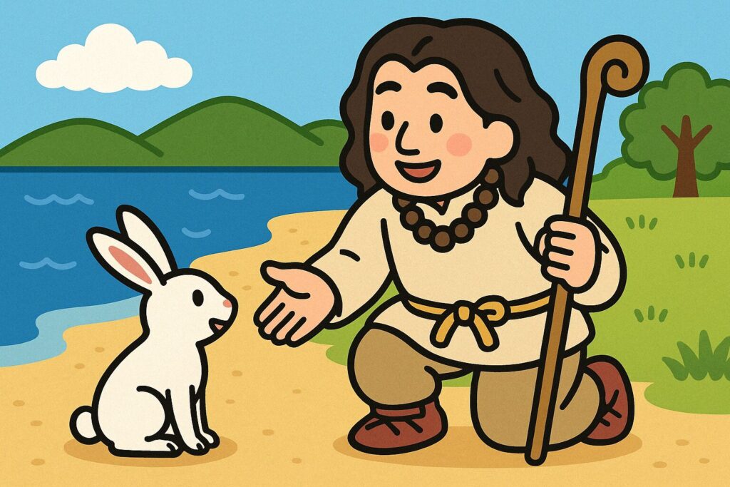 出雲大社 ご縁 パワースポット 海辺で白兎に手を差し伸べる大国主大神のイラスト