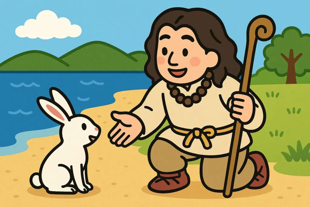出雲大社 ご縁 パワースポット 海辺で白兎に手を差し伸べる大国主大神のイラスト