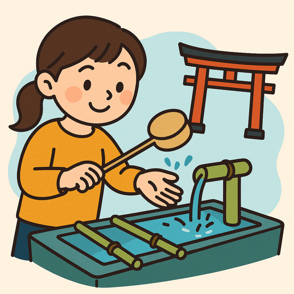 神社の手水舎で手を清める女の子のイラスト。鳥居と竹の水場も描かれている。