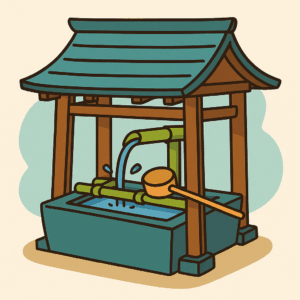 神社の屋根付き手水舎のイラスト。竹の水道と柄杓、水盤が描かれている。