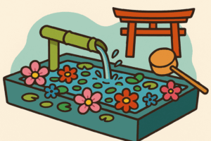 花が浮かぶ手水舎と鳥居、柄杓を描いた