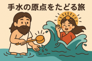 水に浸かり手を清める神話風の男性と、太陽を背負って現れる女神