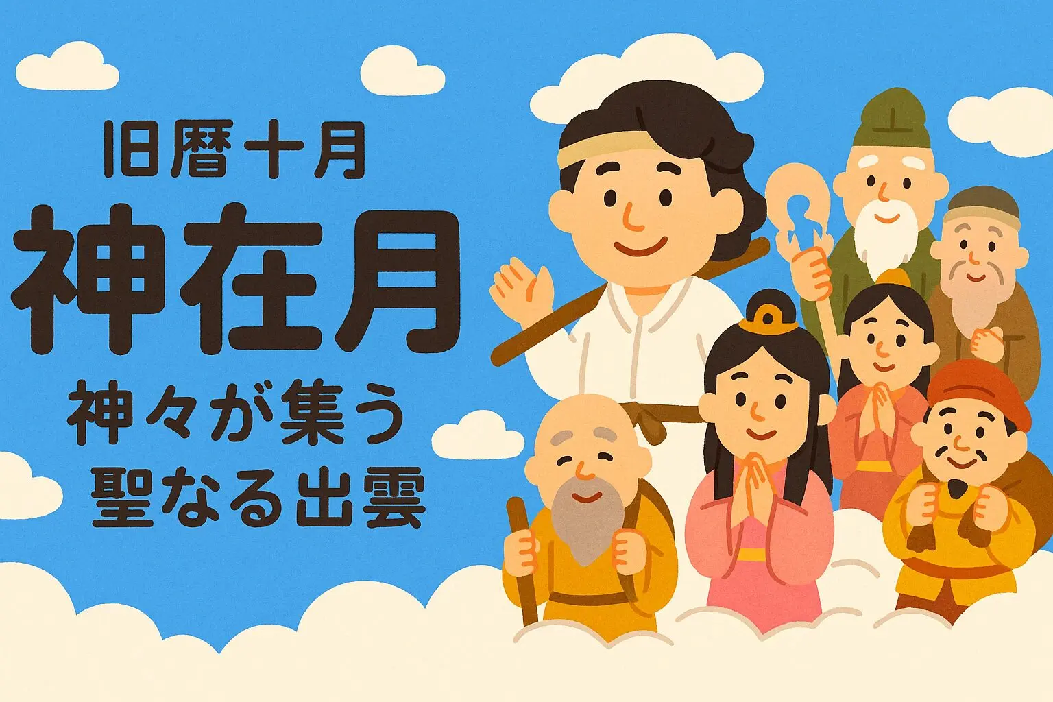 「神在月」の文字と、雲の上に集まる笑顔の日本の神々のイラス