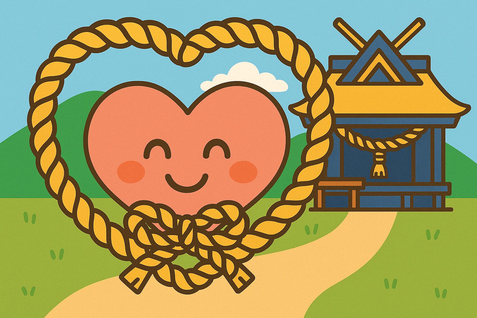 ご縁ってなに 神社 願い 囲まれた笑顔のハートと、背景に神社が描かれた縁結びテーマ