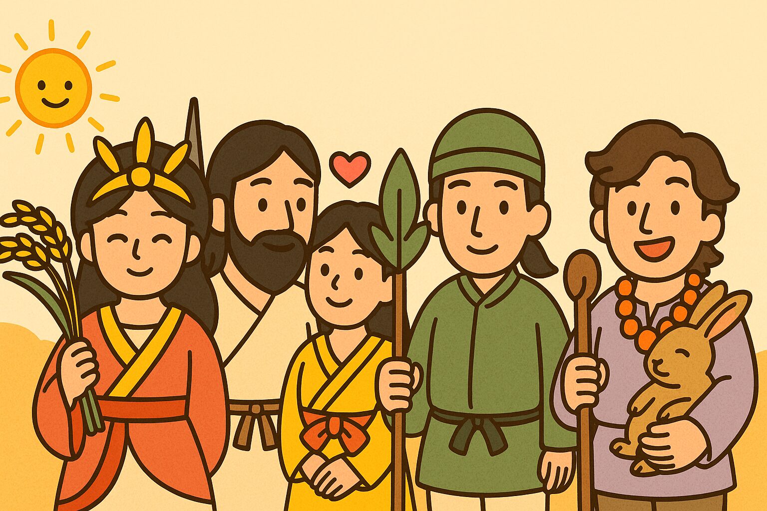 天照大神、伊邪那岐神・伊邪那美神、家都御子神、大國主神が並ぶポップなイラスト。左から稲穂を持つ天照大神、夫婦神の伊邪那岐神と伊邪那美神、葉を持つ家都御子神、ウサギを抱える大國主神。