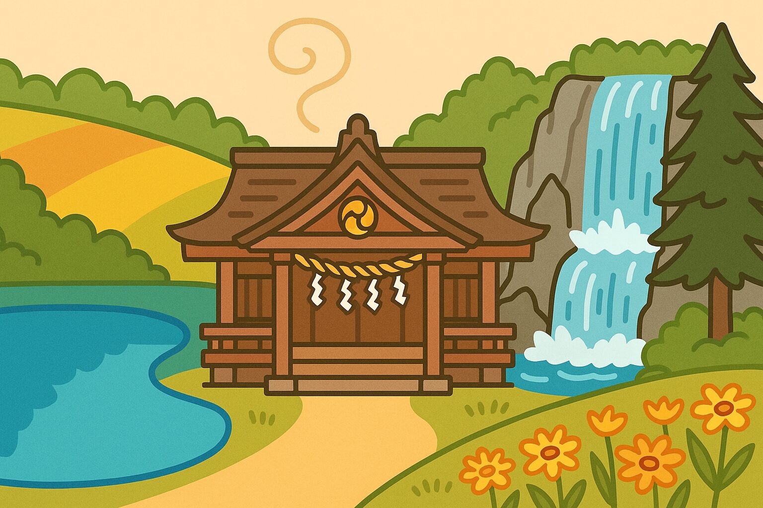美瑛神社 ハート 恋愛イラスト。左に青い池、右に白ひげの滝、背景に美瑛の丘陵地帯が広がり、手前にはオレンジ色の花が咲く