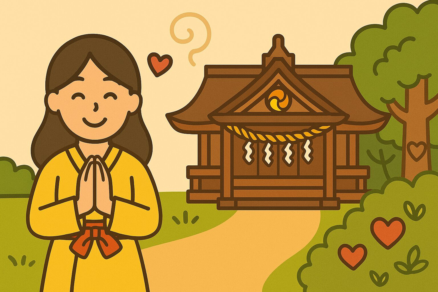 美瑛神社 ハート 恋愛の前で手を合わせる女性と、境内の木々や草むらに隠れるハート型の模様が描かれたイラスト。