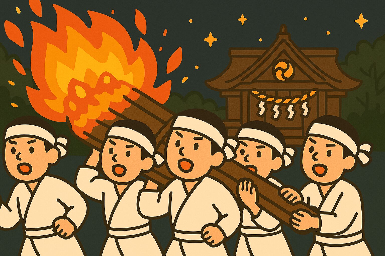 白装束の若者たちが大松明を担ぎ、夜の神社を背景に練り歩く様子。炎が夜空を照らし、星が輝いている