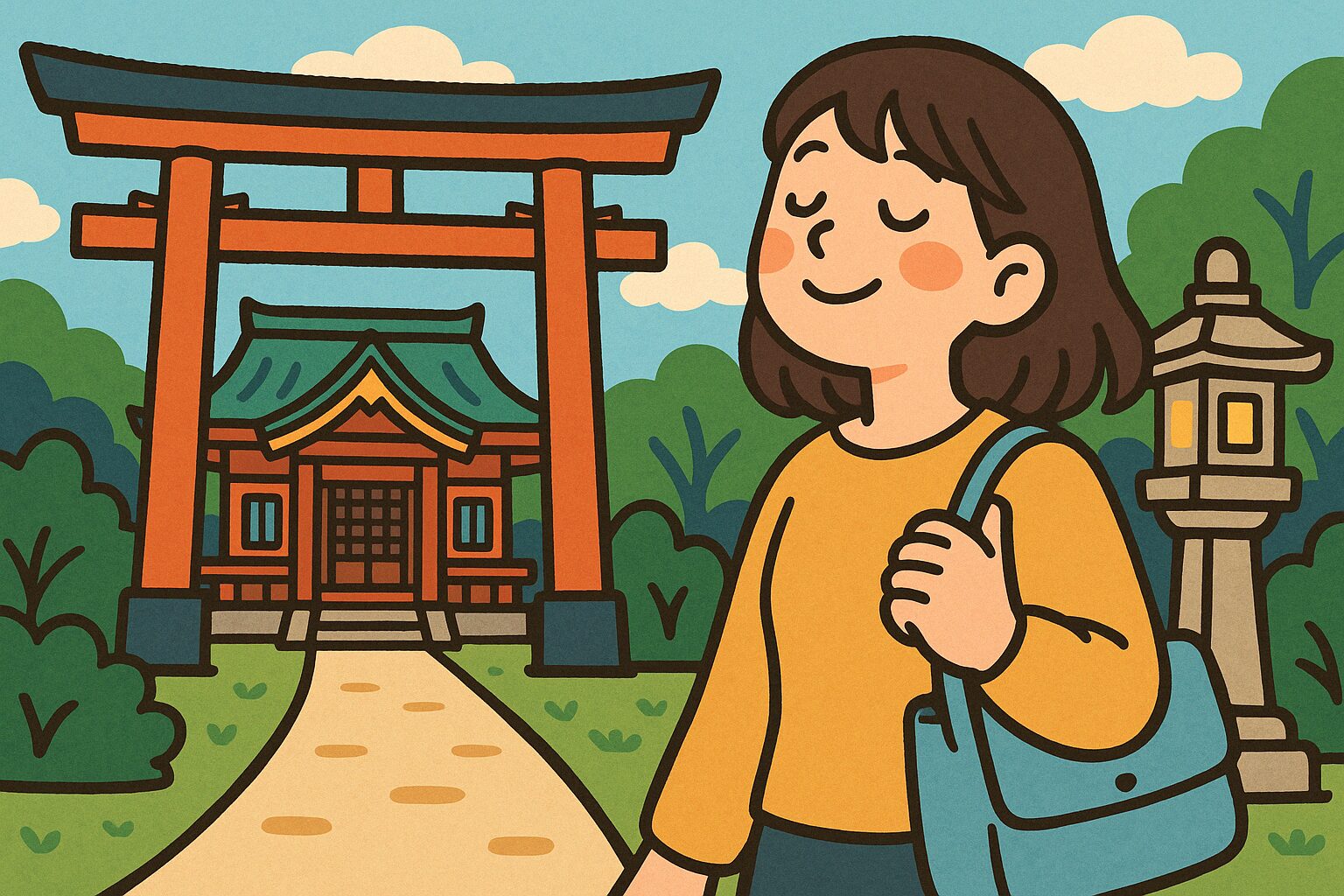 出雲大社 ご縁 パワースポット 鳥居の前で目を閉じて微笑む女性のポップなイラスト。横長構図で親しみやすい雰囲気。