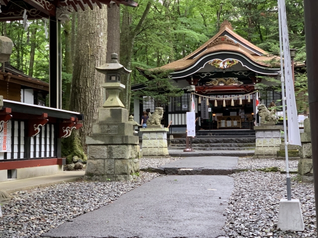新屋山神社の本宮拝殿。石灯籠と狛犬が並ぶ参道の先に朱の装飾が美しい社殿が見える。