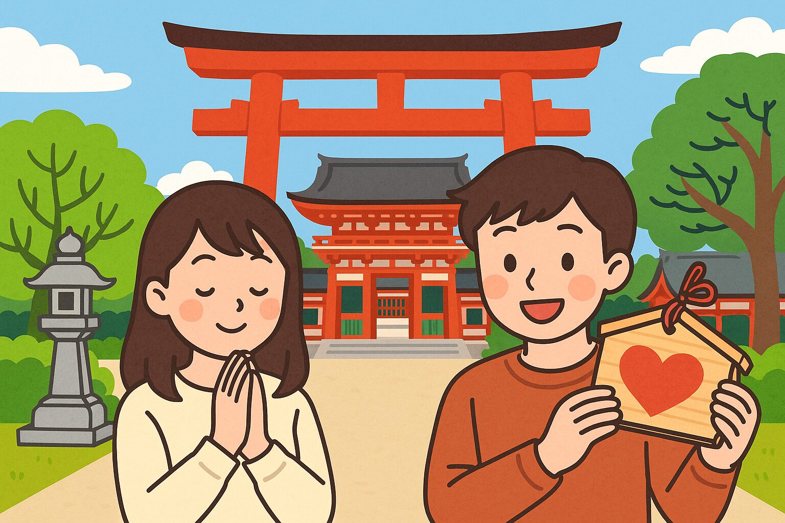京都の縁結び神社で絵馬を持つ男性と祈る女性のイラスト。鳥居と社殿が背景に描かれたポップなデザイン。