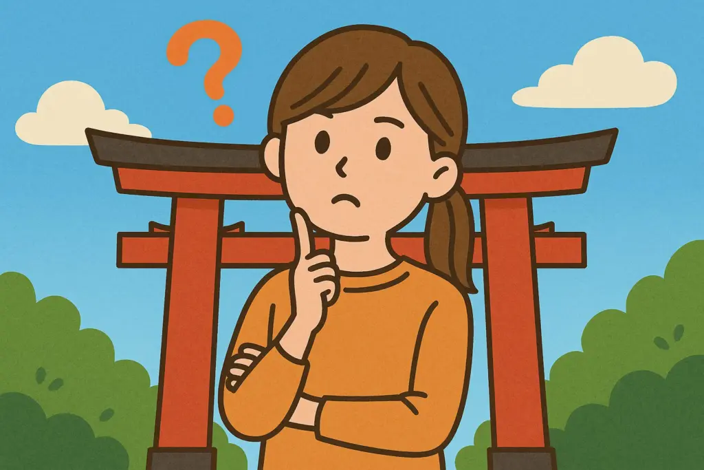 鳥居の前で悩んでいる女性のイラスト。頭の上に「?」が浮かんでいる。