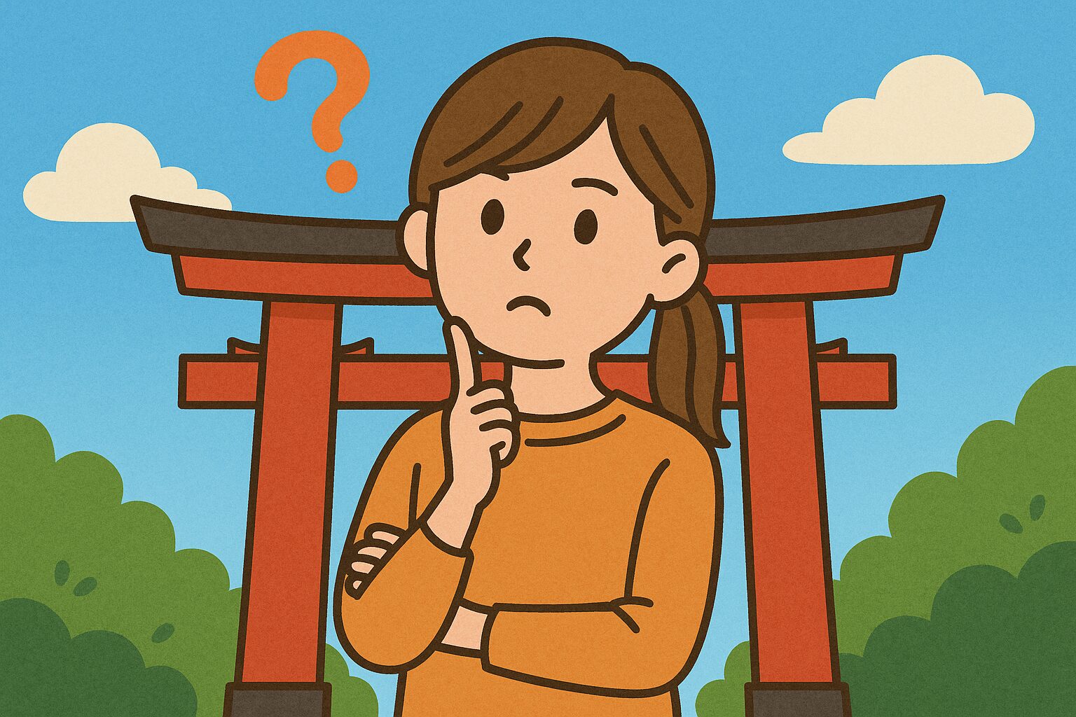 平安神宮 ご縁結び 効果 鳥居の前で悩んでいる女性のイラスト。頭の上に「?」が浮かんでいる。