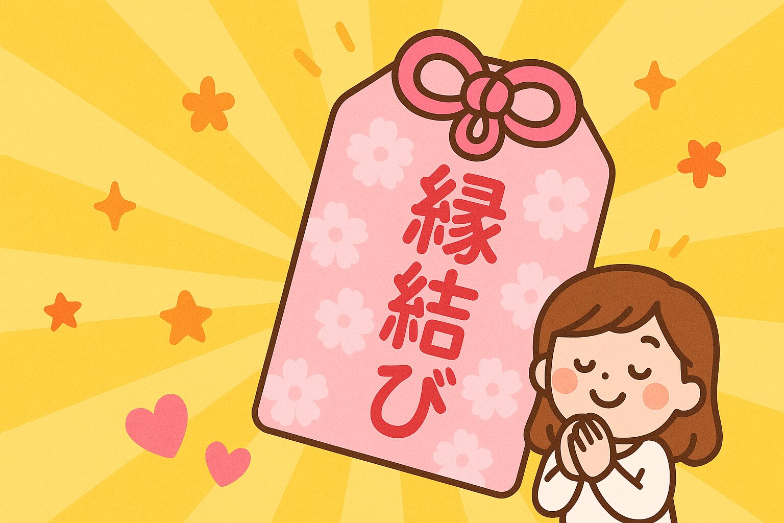平安神宮 ご縁結び 効果 縁結びと書かれたピンクのお守りと、笑顔で手を合わせて祈る女性のイラスト