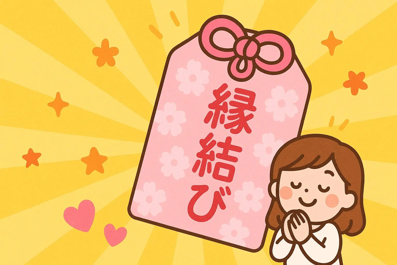 平安神宮 ご縁結び 効果 縁結びと書かれたピンクのお守りと、笑顔で手を合わせて祈る女性のイラスト