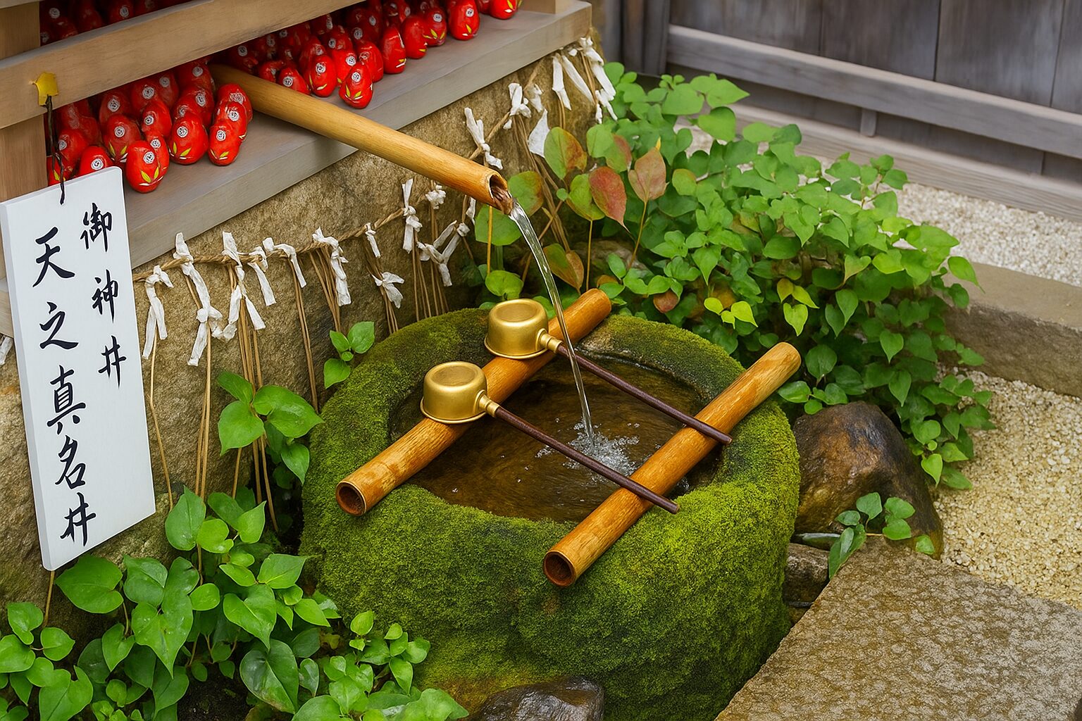 AI生成画像：市比賣神社の天之真名井をイメージした、竹の筒から水が流れる苔むした手水鉢の風景