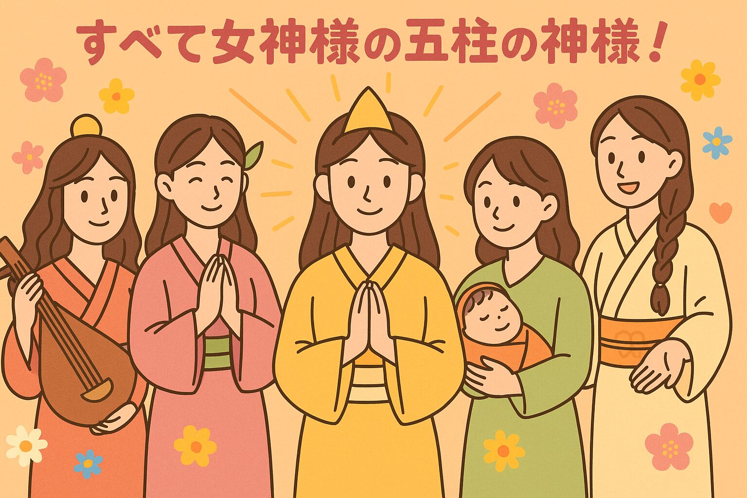 五柱の女神様をポップに描いた市比賣神社のイメージイラスト