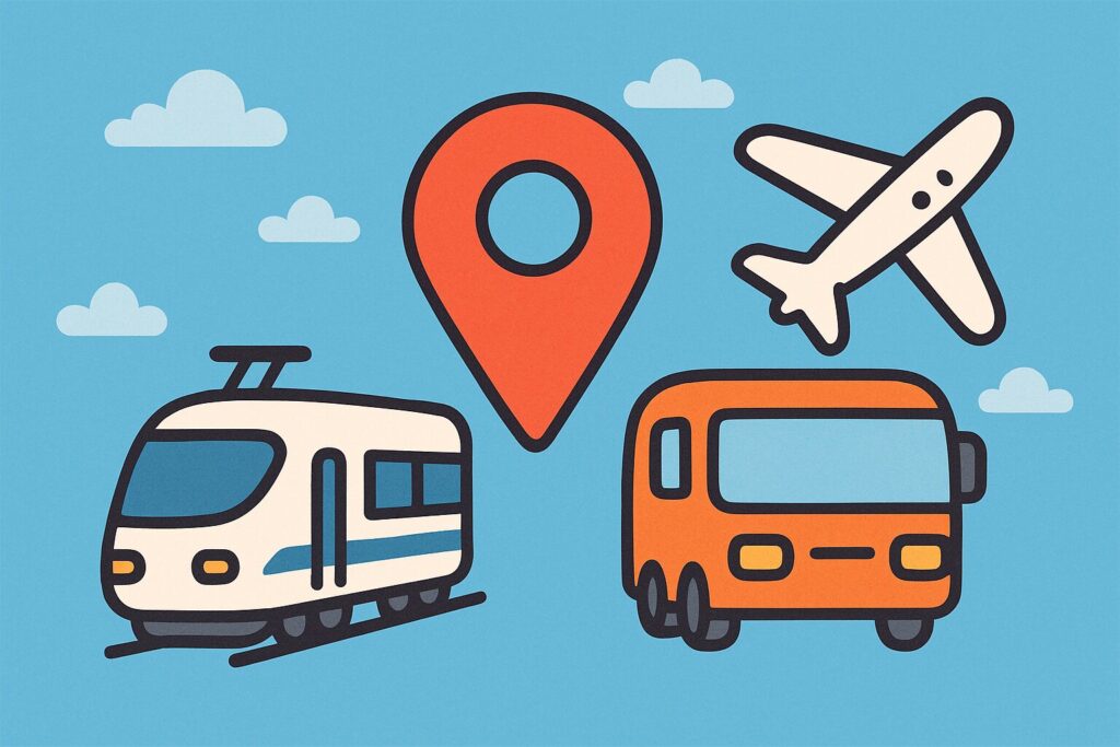 電車・バス・飛行機と赤い地図マーカーのイラスト(アクセス案内用)